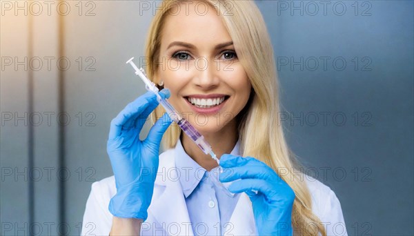 AI generated, RF, woman, woman, doctor, female doctor, 25, 30, years, attractive, attractive, doctor's office, holds a syringe in her hand, disposable syringe, flu shot, corona, pneumococcal, prevention, health, blonde, blonde, beautiful teeth, long hair