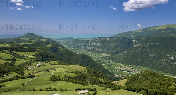 Lessinia Plateau, west side, view of Adige Valley and lake Garda, Italia Alps