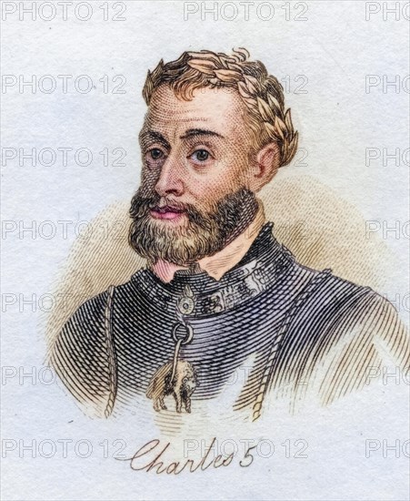 Charles V 1500-1558 Emperor of the Holy Roman Empire 1519-58 and as Charles I King of Spain 1516-56 Archduke of Austria from the book Crabbs Historical Dictionary from 1825, Historical, digitally restored reproduction from a 19th century original, Record date not stated