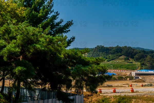 Landscape of construction site framed by trees protected in aluminum enclosure in South Korea