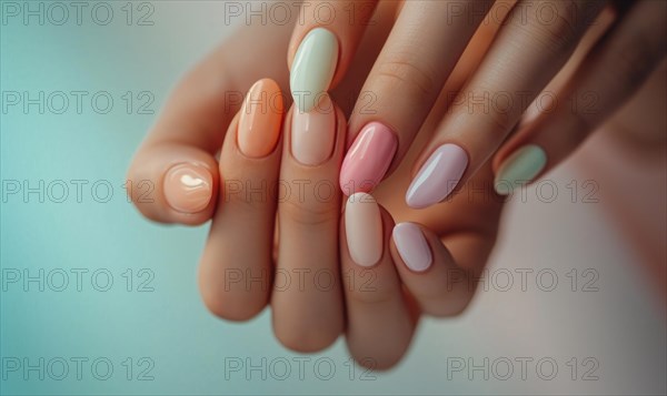 Female hands with pink nail design. Nail polish manicure AI generated