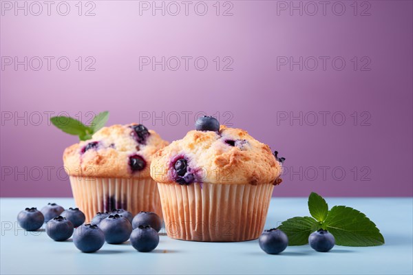Blueberry muffins in front of purple background. KI generiert, generiert AI generated