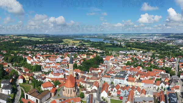 Aerial view of Dingolfing with a view of the historic town centre. Dingolfing, Lower Bavaria, Bavaria, Germany, Europe