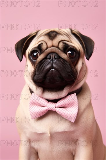 Cute pug dog with bowtie on pink background. KI generiert, generiert AI generated