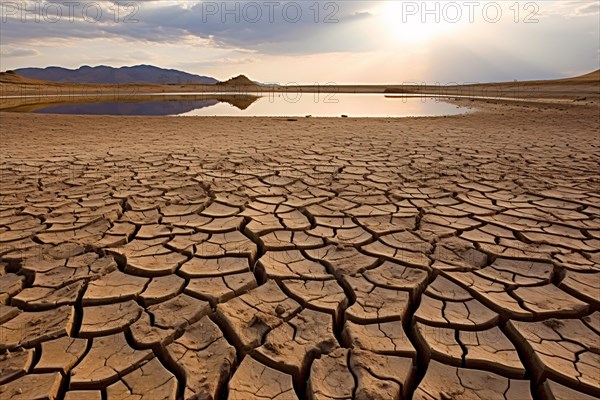 Dry cracked earth with drying lake. Climate change and water shortage concept. KI generiert, generiert AI generated