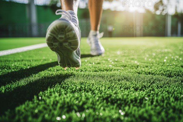 Close-up of running shoes of a person jogging on grass, AI generated, AI generated