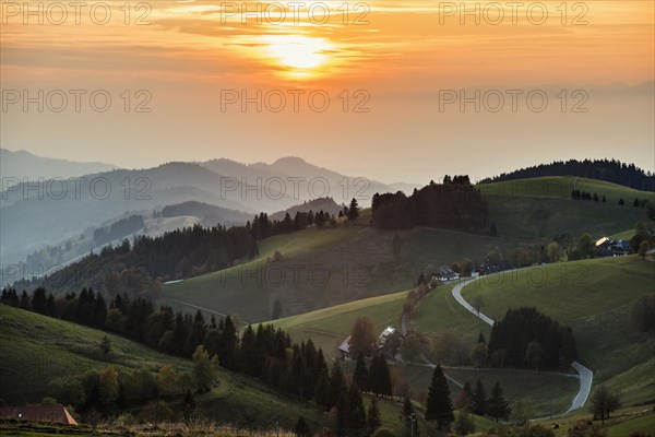 Hilly landscape, sunset, view from Schauinsland into Muenstertal, near Freiburg im Breisgau, Black Forest, Baden-Wuerttemberg, Germany, Europe