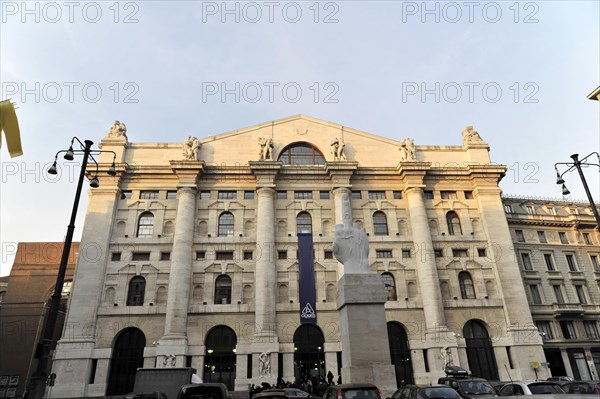 Italy's leading stock exchange, the Palazzo della Mezzanotte built in the Fascist style by Paolo Mezzanotte, stands in the country's main trading city, Milan, Lombardy, Italy, Europe