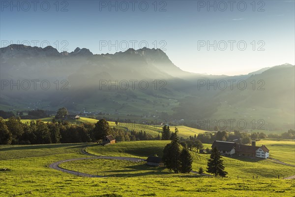 Appenzellerland, view of the Alpstein mountains with Saentis in the light of the evening sun, Canton Appenzell Innerrhoden, Switzerland, Europe