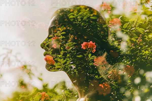 Portrait of a woman in double exposure technique mixed with pastel-coloured flowers, symbolic image for environmentally conscious living, AI generated, AI generated
