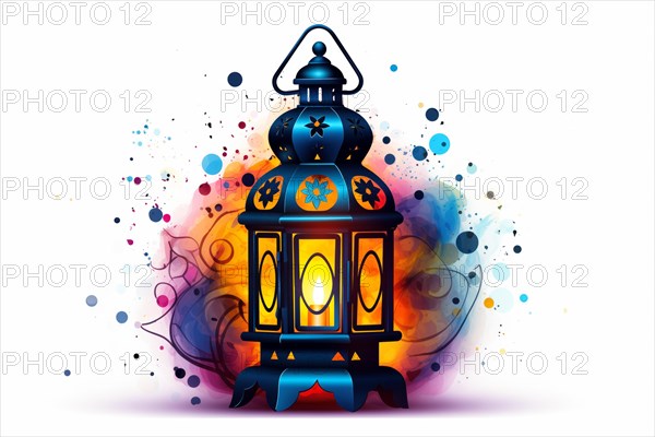 Vibrant illustration of a Ramadan lantern, surrounded by a colorful splash of lights and stars, symbolizing the festive spirit of the holy month, AI generated