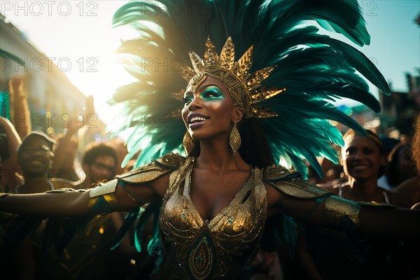 Captivating image capturing the essence of the Rio Carnival, showcasing a dancer adorned in an elaborate, vibrant costume, embodying the spirit and energy of this iconic festival, AI generated