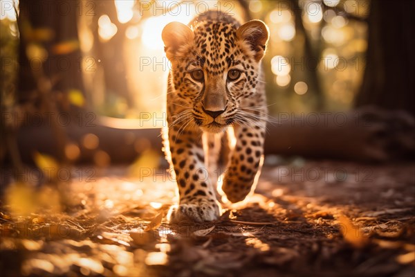 Baby leopard walking with confidence during the golden hour, showcasing its spotted fur and innocent eye, AI generated