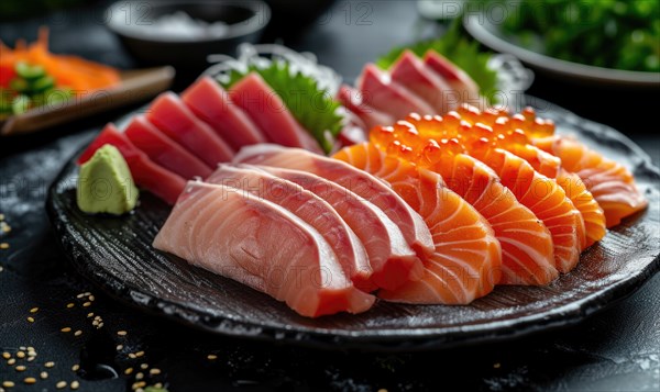 Raw fresh salmon sashimi served on black plate, Japanese food style AI generated