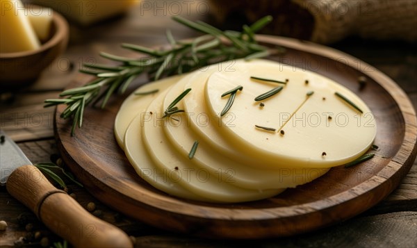 Slices of cheese with rosemary on a wooden background AI generated