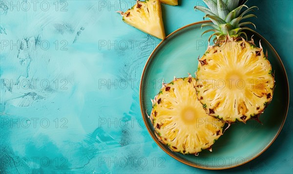 Pineapple slices on blue plate over blue background. Top view with copy space AI generated