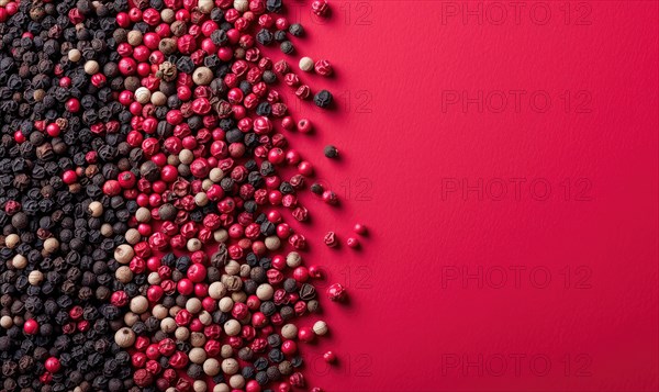 Top view of pink and black pepper peppercorns on pink background AI generated