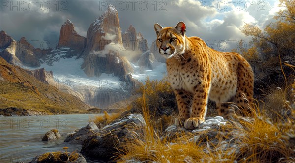 Puma on a rocky terrain with a dramatic mountain range backdrop, ai generated, AI generated