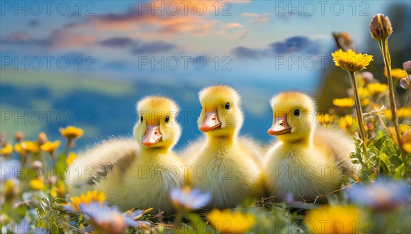 AI generated, animal, animals, bird, birds, biotope, habitat, one, individual, foraging, wildlife, goose, domestic goose, domestic geese, (Anser anser), female, gosling, gosling, yellow gosling, swim, pond, body of water, water, lie, meadow, flowers, summer, two, three, four, pet, domestic animals, farm animal, farm animals