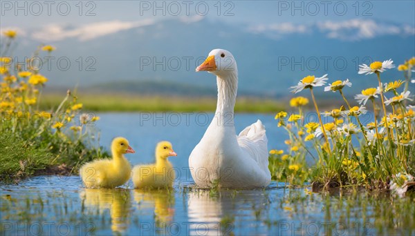 AI generated, animal, animals, bird, birds, biotope, habitat, one, individual, foraging, wildlife, goose, domestic goose, domestic geese, (Anser anser), female, gosling, gosling, yellow gosling, swim, pond, body of water, water, lie, meadow, flowers, summer, two, three, four, pet, domestic animals, farm animal, farm animals