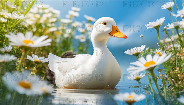 AI generated, animal, animals, bird, birds, biotope, habitat, one, individual, foraging, wildlife, goose, domestic goose, domestic geese, (Anser anser), female, gosling, gosling, yellow gosling, swim, pond, body of water, water, lie, meadow, flowers, summer, two, three, four, pet, domestic animals, farm animal, farm animals