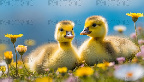 AI generated, animal, animals, bird, birds, biotope, habitat, one, individual, foraging, wildlife, goose, domestic goose, domestic geese, (Anser anser), female, gosling, gosling, yellow gosling, swim, pond, body of water, water, lie, meadow, flowers, summer, two, three, four, pet, domestic animals, farm animal, farm animals