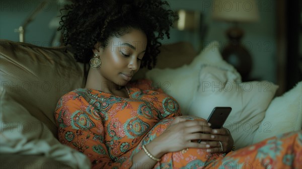 Pregnant black woman looks at her cell phone resting on the couch at home, AI Generated, AI generated