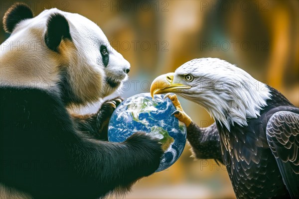 A panda fights with a bald eagle over a globe, symbolising the cultural, ideological and economic dominance in the world between China and the USA, AI generated, AI generated