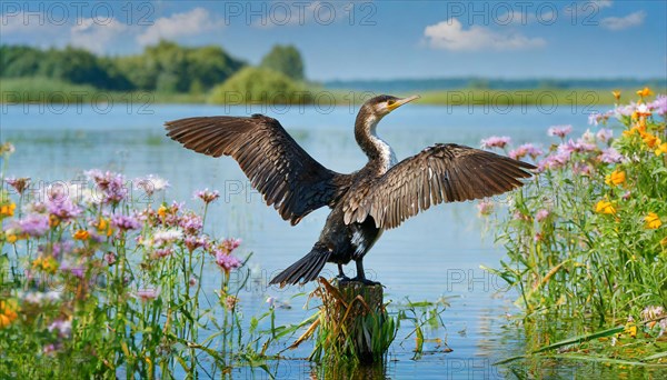 Ai generated, animal, animals, bird, birds, biotope, habitat, a, single animal, stands on pole, waters, reeds, water lilies, blue sky, foraging, wildlife, summer, seasons, great cormorant (Phalacrocorax carbo), dries its plumage, spreads its wings