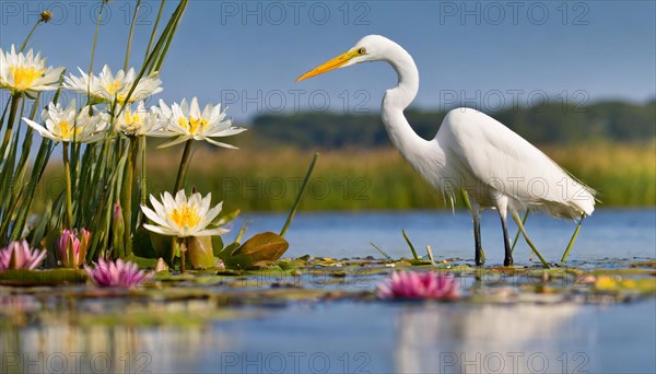 KI generated, animal, animals, bird, birds, biotope, habitat, one, individual, water, reeds, water lilies, blue sky, foraging, wildlife, summer, seasons, great egret, (Adrea alba, Syn: Casmerodius albus, Egretta alba)