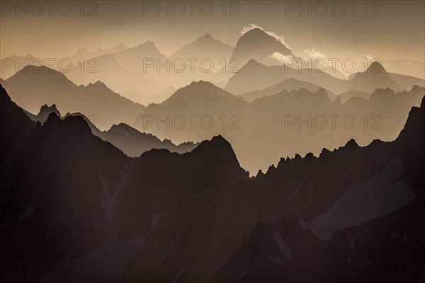 Mountain peak with glacier at sunrise, Mont Blanc massif, French Alps, Chamonix, France, Europe