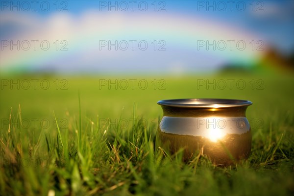 Pot of gold in grass with rainbow in background. St. Patrick's Day concept. KI generiert, generiert AI generated