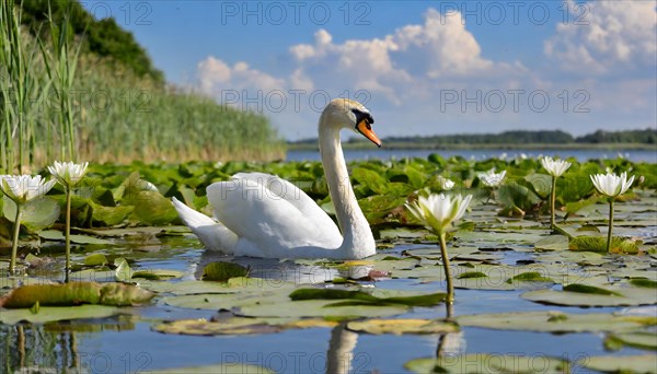 Ai generated, animal, animals, bird, birds, biotope, habitat, a, individual, swims, waters, reeds, water lilies, blue sky, foraging, wildlife, summer, seasons, mute swan (Cygnus olor)