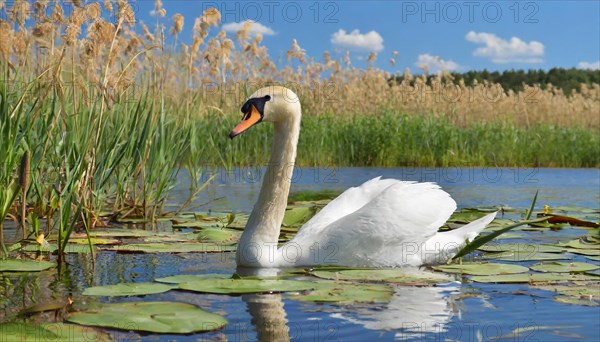 Ai generated, animal, animals, bird, birds, biotope, habitat, a, individual, swims, waters, reeds, water lilies, blue sky, foraging, wildlife, summer, seasons, mute swan (Cygnus olor)