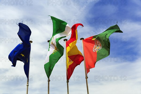 Four flags next to each other, fluttering in the wind, strong wind, European Union, Andalusia, Spain, Granada, Alhambra, Spain, Europe