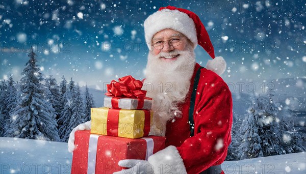 AI generated, man, 70+, Father Christmas, red coat, backpack, full beard, winter, snow, ice, fir trees, snowy, snowflakes, winter landscape, Christmas hat, costume, clothes, colourful, colourful presents, packages, nice teeth, smiles, friendly, Christmas, evening, night shot, winter forest