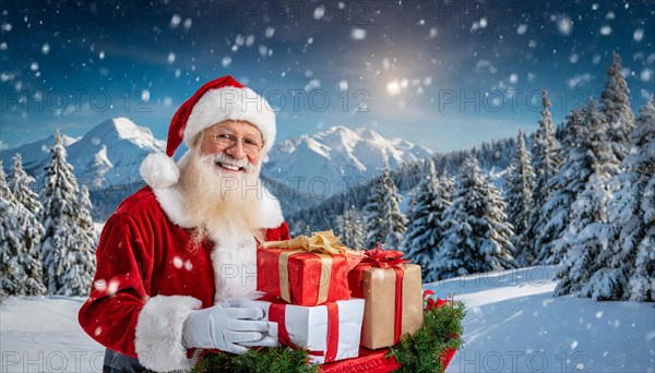 AI generated, man, 70+, Father Christmas, red coat, backpack, full beard, winter, snow, ice, fir trees, snowy, snowflakes, winter landscape, Christmas hat, costume, clothes, colourful, colourful presents, packages, nice teeth, smiles, friendly, Christmas, evening, night shot, winter forest