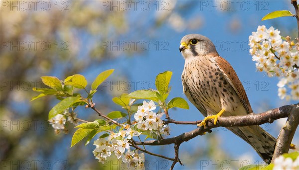 Ai generated, animal, animals, bird, birds, biotope, habitat, a, individual, perches, branch, common kestrel (Falco tinnunculus), tree blossom, fruit tree
