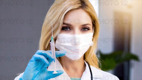 AI generated, RF, woman, woman, doctor, female doctor, 25, 30, years, attractive, attractive, doctor's office, holds a syringe in her hand, disposable syringe, flu shot, corona, pneumococcal, prevention, health, blonde, blonde, beautiful teeth, long hair