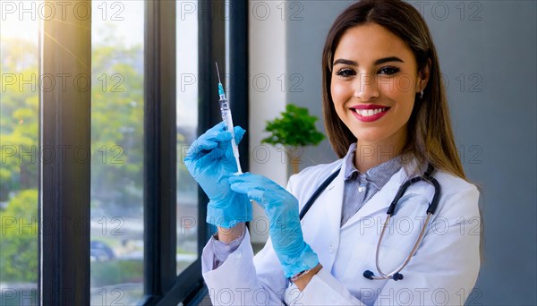 AI generated, RF, woman, woman, doctor, female doctor, 25, 30, years, attractive, attractive, doctor's office, holds a syringe in her hand, disposable syringe, flu shot, corona, pneumococcal, prevention, health, blonde, blonde, beautiful teeth, long hair