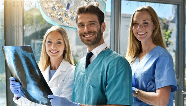 KI generated, RF, woman, woman, man, doctor, medical, medical team, team, 30+, years, attractive, attractive, medical practice, look at an x-ray, x-ray, examination, check-up, health, blond, blonde, blonde, beautiful teeth, long hair, beard bearer, three people