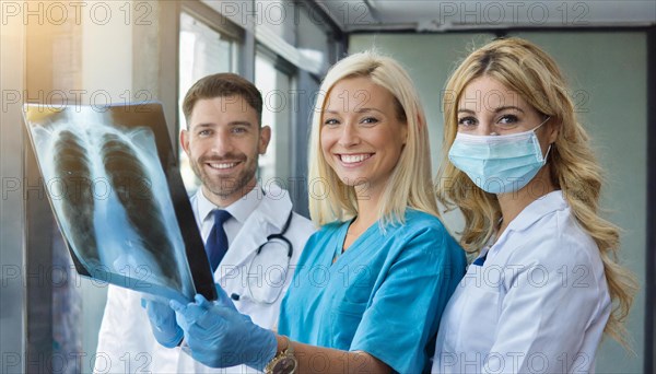 KI generated, RF, woman, woman, man, doctor, medical, medical team, team, 30+, years, attractive, attractive, medical practice, look at an x-ray, x-ray, examination, check-up, health, blond, blonde, blonde, beautiful teeth, long hair, beard bearer, three people