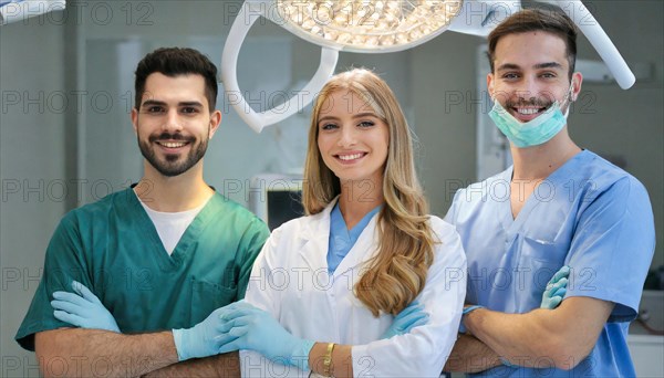 AI generated, RF, woman, woman, man, doctor, medical, medical team, team, 30, years, attractive, attractive, doctor's office, operating theatre, operating room, surgery, examination, check-up, health, blond, blonde, blonde, beautiful teeth, long hair, beard bearer, three people, two doctors, one woman, AI generated