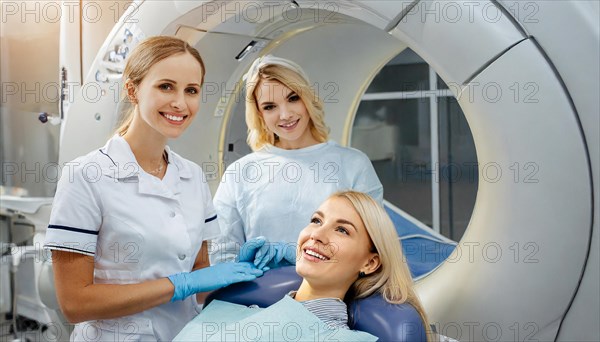 AI generated, RF, woman, woman, doctor, doctors, female doctor, 30, 35, years, attractive, attractive, doctor's office, CT, scan, computer tomography, computed tomography, preventive care, health, smiles, beautiful teeth, generates a three-dimensional X-ray image, modern X-ray machine, X-rays, X-ray image, patient, three people, AI generated