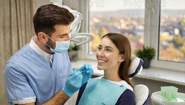 AI generated, A dentist treats a young woman, Blonde, 30, 35, years, Dental treatment, Follow-up examination, Dentist has a beard, AI generated