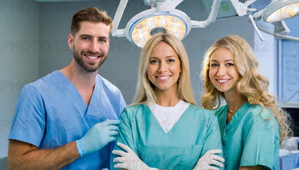 AI generated, RF, woman, woman, man, doctor, doctor team, team, 30, years, attractive, attractive, doctor's office, operating theatre, operating room, examination, prevention, health, blond, blonde, blonde, beautiful teeth, long hair, beard bearer, three people, two. woman, one doctor, AI generated