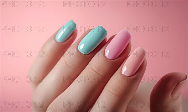 Female hand with pink and blue nail design. Nail polish manicure AI generated