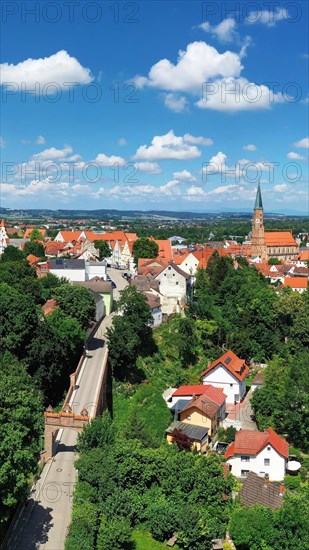 Aerial view of Dingolfing with a view of the historic town centre. Dingolfing, Lower Bavaria, Bavaria, Germany, Europe