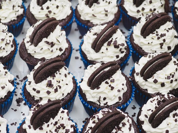 An array of chocolate cupcakes in blue liners frosted with white cream and cookie toppers