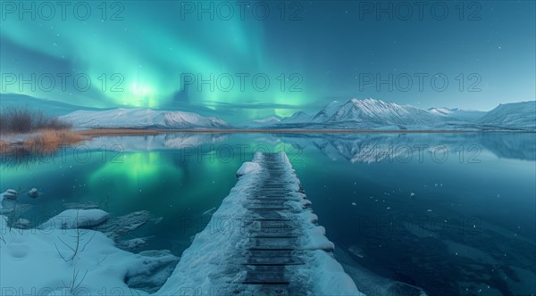 Green aurora borealis over a tranquil lake with a wooden pier leading into the serene snowy landscape, AI generated